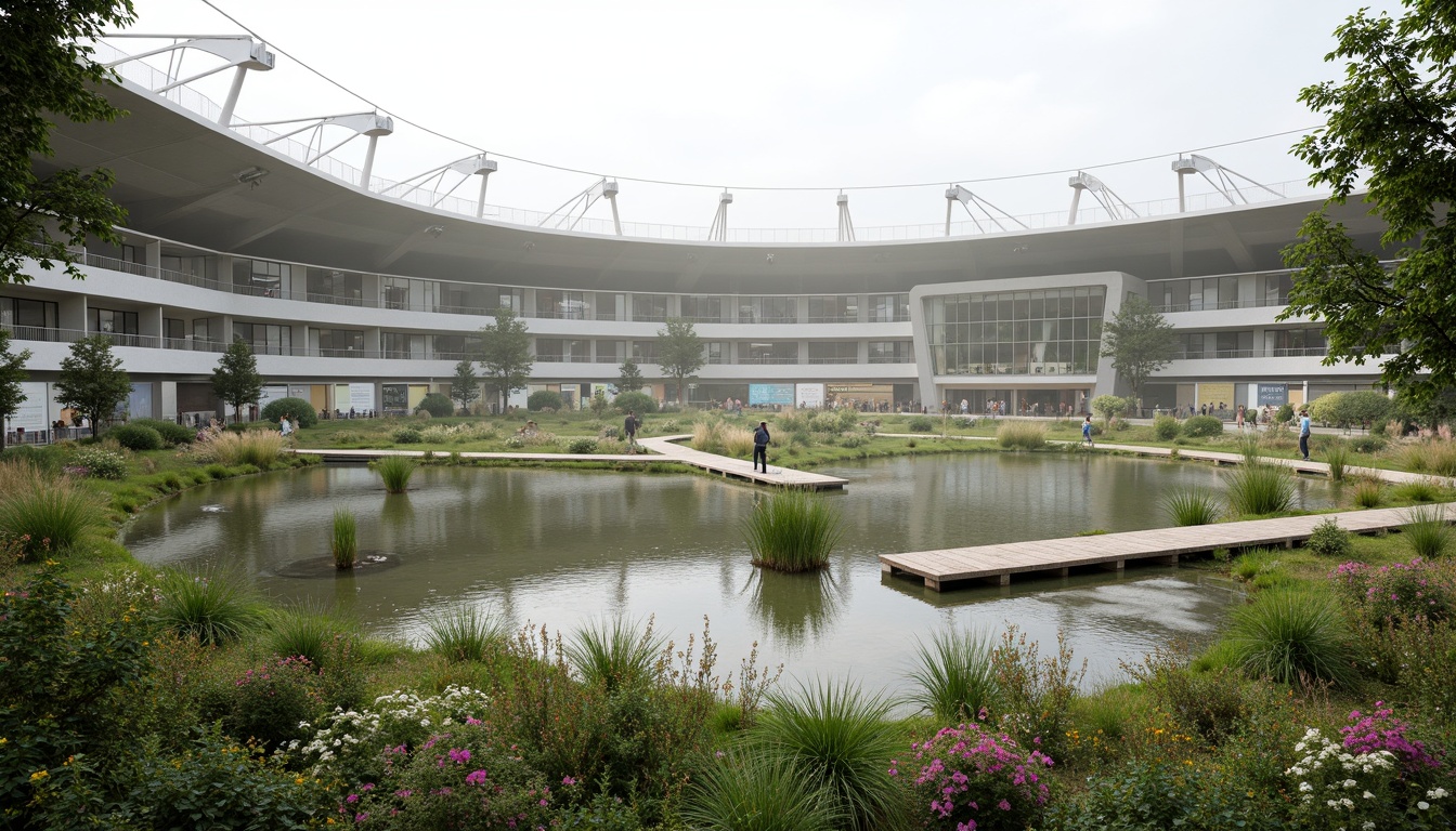 Prompt: Eco-friendly stadium, curved architecture, native wetland plants, natural habitats, serene water features, meandering boardwalks, observation decks, bird-watching areas, educational signs, recycled materials, sustainable design, green roofs, solar panels, rainwater harvesting systems, organic landscaping, vibrant wildflowers, misty morning atmosphere, soft diffused lighting, shallow depth of field, 2/3 composition, panoramic view, realistic textures, ambient occlusion.