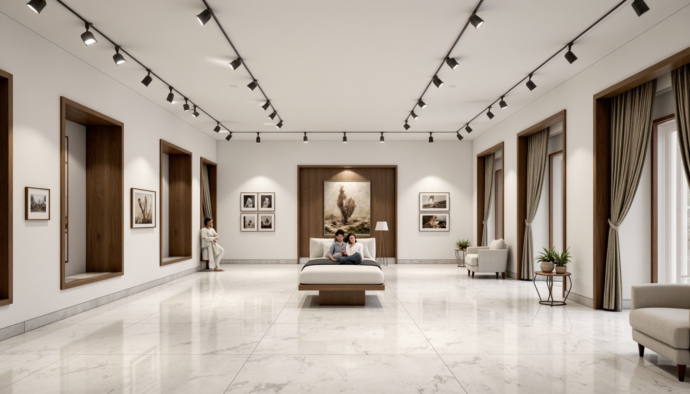 Prompt: Elegant gallery space, polished marble floors, crisp white walls, track lighting systems, minimalist metal frames, sophisticated artwork displays, luxurious velvet drapes, refined wooden accents, subtle ambient lighting, shallow depth of field, 2/3 composition, panoramic view, realistic textures, ambient occlusion.