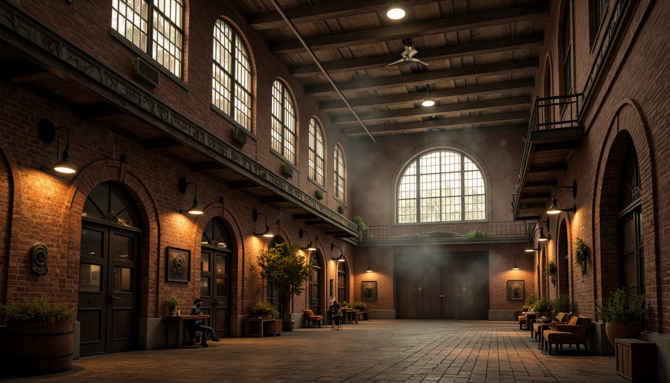 Prompt: Rustic warehouse, Gothic Revival fa\u00e7ade, distressed brick walls, ornate stone carvings, pointed arch windows, ribbed vaults, industrial metal doors, vintage pulley systems, worn wooden beams, dimly lit interiors, rich textures, warm golden lighting, 1/1 composition, dramatic shadows, atmospheric fog, intricate stonework patterns, mysterious ambiance, eerie silhouettes, abandoned industrial feel.