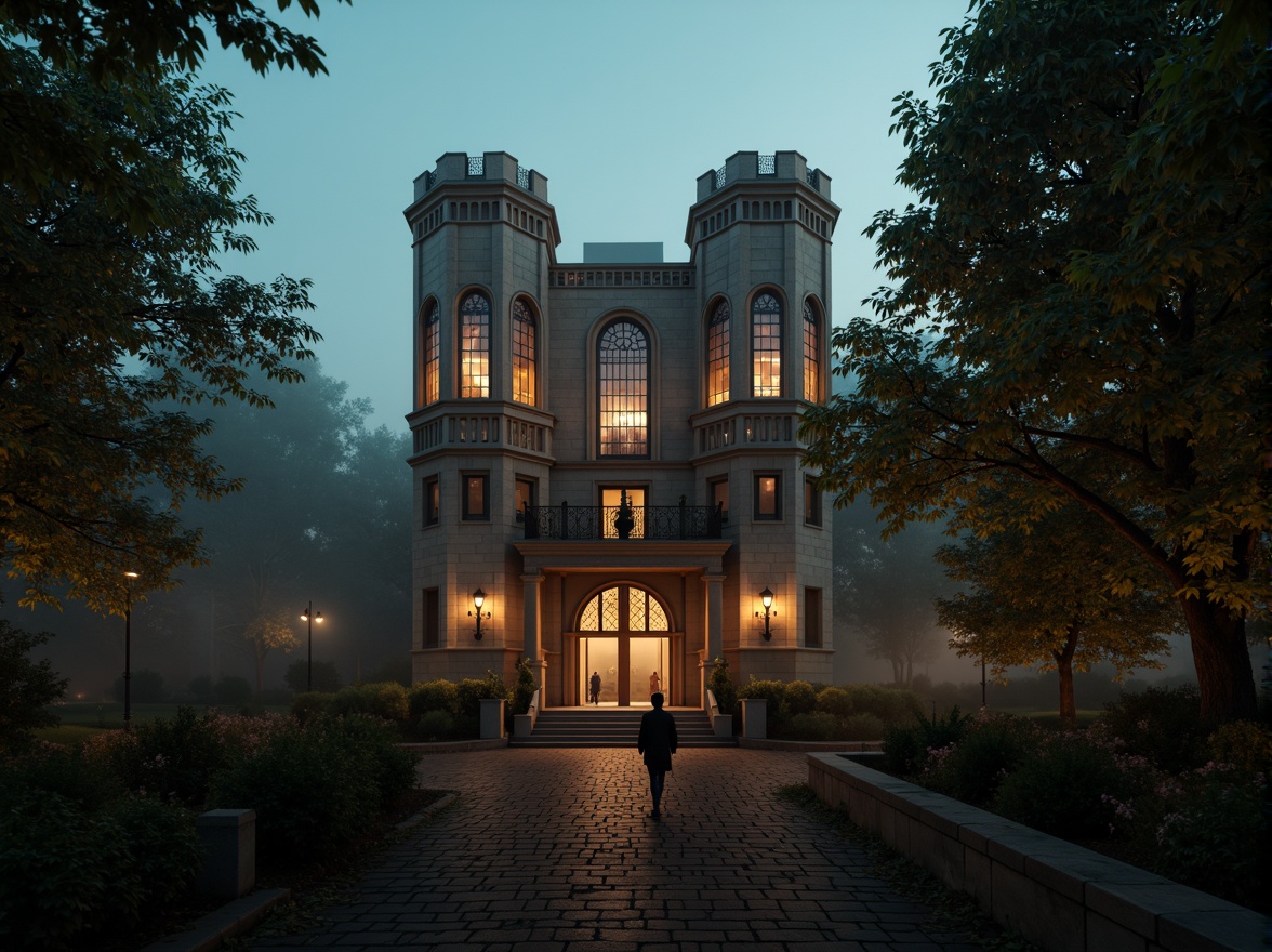 Prompt: Twin watching towers, Gothic fa\u00e7ade, intricate stone carvings, pointed arches, ribbed vaults, flying buttresses, grandiose entrance, ornate doorways, stained glass windows, mysterious lanterns, misty evening atmosphere, warm golden lighting, dramatic shadows, 1/1 composition, low-angle view, atmospheric perspective, eerie ambiance, mystical textures, subtle fog effects.