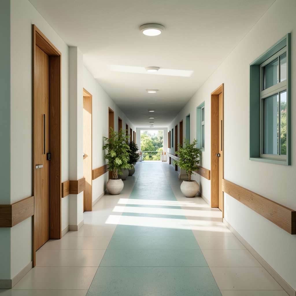 Prompt: Soothing hospital corridors, calming blue-green hues, natural wood accents, warm beige tones, gentle pastel shades, comforting cream colors, soft peach undertones, serene white surfaces, minimalist decor, subtle texture variations, organic shapes, rounded edges, calming ambient lighting, soft diffused shadows, 1/2 composition, realistic material renderings.