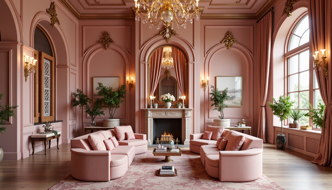 Prompt: Mauve accent walls, soft peach hues, pastel pink furniture, gold metallic accents, luxurious velvet fabrics, ornate wooden decorations, elegant curved lines, sophisticated Victorian-era inspired architecture, dramatic high ceilings, crystal chandeliers, lavish floor-to-ceiling drapery, warm candlelight ambiance, shallow depth of field, 1/2 composition, soft focus effect, natural textures, ambient occlusion.