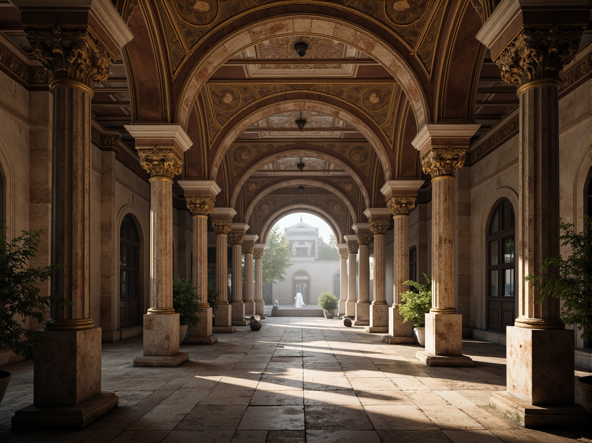 Prompt: Ornate column capitals, intricate marble carvings, golden mosaics, grand arches, ornamental friezes, Byzantine-inspired architecture, ancient Greek influences, rustic stone textures, weathered copper details, mystical ambiance, soft warm lighting, dramatic shadows, symmetrical composition, 1/2 perspective, high contrast ratio, rich cultural heritage, historic preservation, atmospheric fog effect.