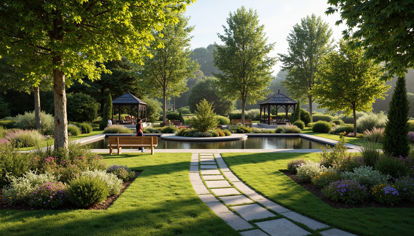 Prompt: Soothing natural landscape, lush green grass, vibrant flowerbeds, meandering stone pathways, serene water features, tranquil ponds, majestic trees, colorful blooming gardens, rustic wooden benches, ornate metal gazebos, fragrant herb planters, soft warm lighting, shallow depth of field, 3/4 composition, panoramic view, realistic textures, ambient occlusion.