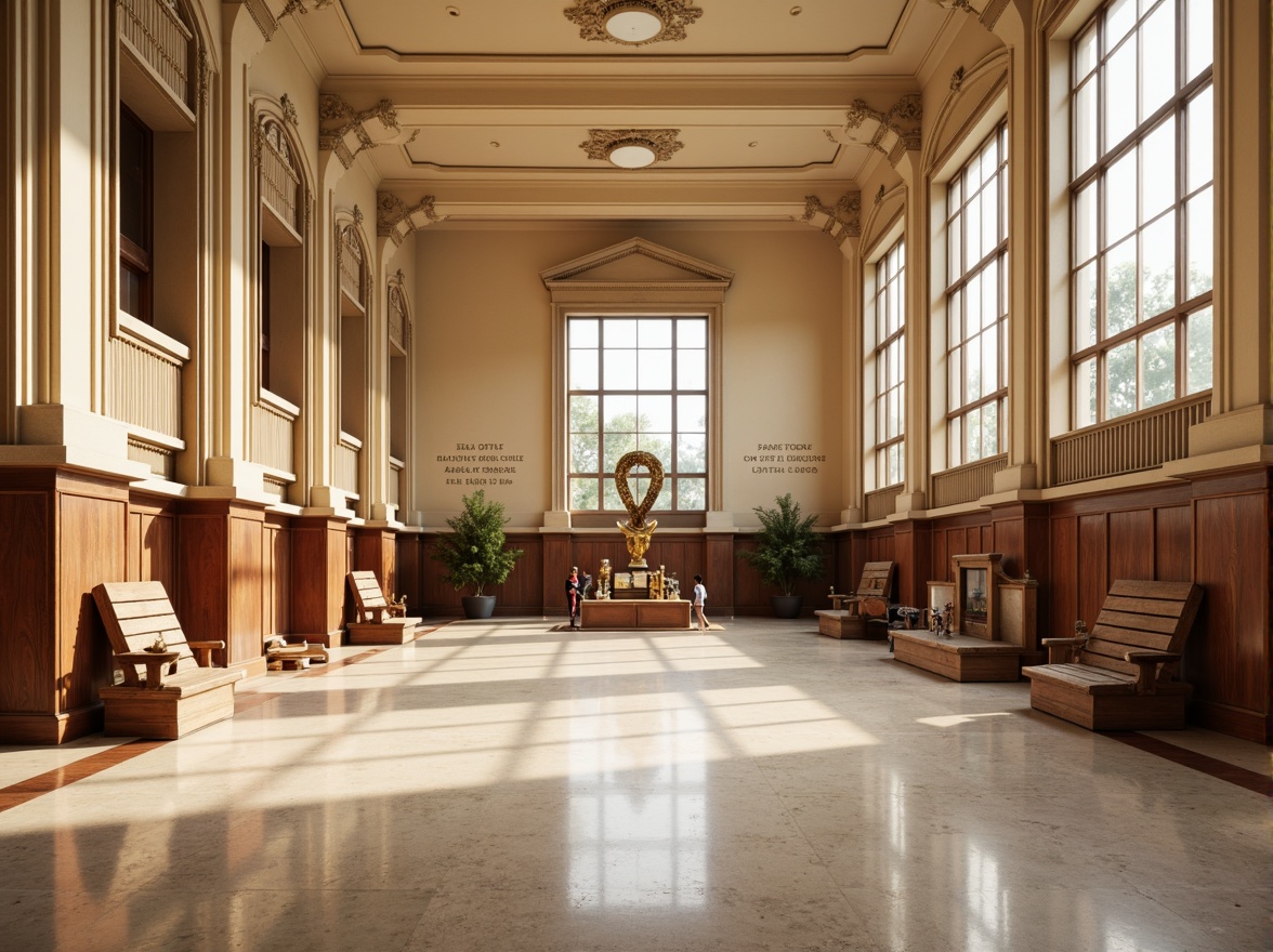 Prompt: Elegant gymnasium interior, soft warm beige walls, rich dark wood accents, ornate neoclassical columns, polished marble floors, subtle cream ceilings, vintage athletic equipment, wooden bleachers, classic trophies, motivational quotes, large windows with natural light, diffused softbox lighting, 1/1 composition, symmetrical balance, realistic textures, ambient occlusion.