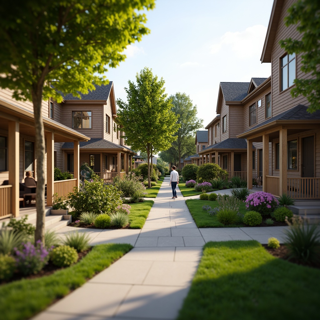 Prompt: Cozy residential neighborhood, lush green lawns, meandering walkways, mature trees, colorful blooming flowers, picket fences, charming porches, welcoming front doors, natural stone foundations, rustic wooden accents, earthy color palette, soft warm lighting, shallow depth of field, 3/4 composition, panoramic view, realistic textures, ambient occlusion.