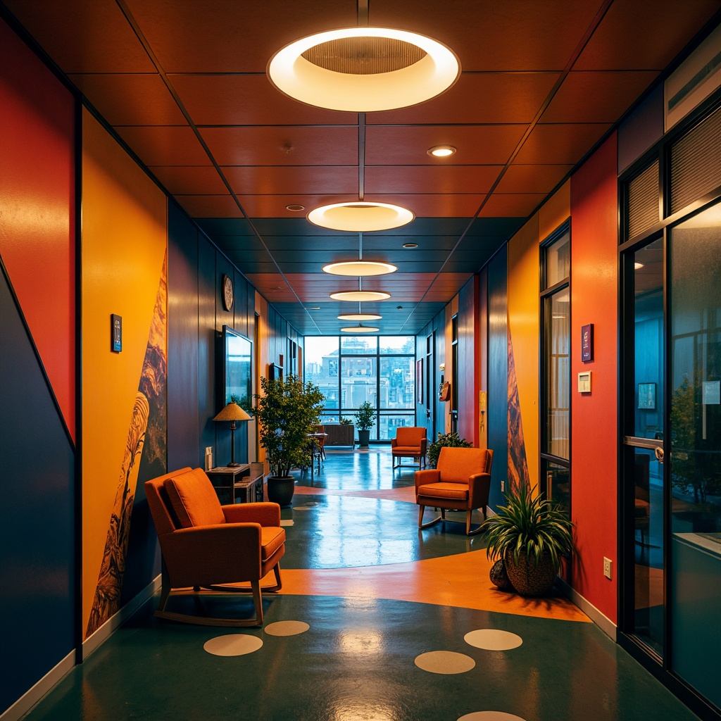 Prompt: Vibrant school corridor, bold color scheme, abstract shapes, geometric patterns, dramatic light fixtures, eclectic furniture, dynamic shadows, warm atmospheric lighting, creative freedom, artistic expression, unconventional forms, experimental materials, futuristic ambiance, neon signs, urban cityscape, moody weather, cinematic atmosphere, low-key lighting, high contrast ratio, 1/1 composition, symmetrical framing, abstract textures, stylized reflections.