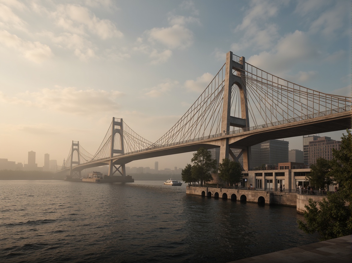 Prompt: Sweeping arches, gentle curves, ornate railings, suspension cables, majestic piers, reflective water surfaces, misty morning atmosphere, soft warm lighting, shallow depth of field, 1/1 composition, panoramic view, realistic textures, ambient occlusion.