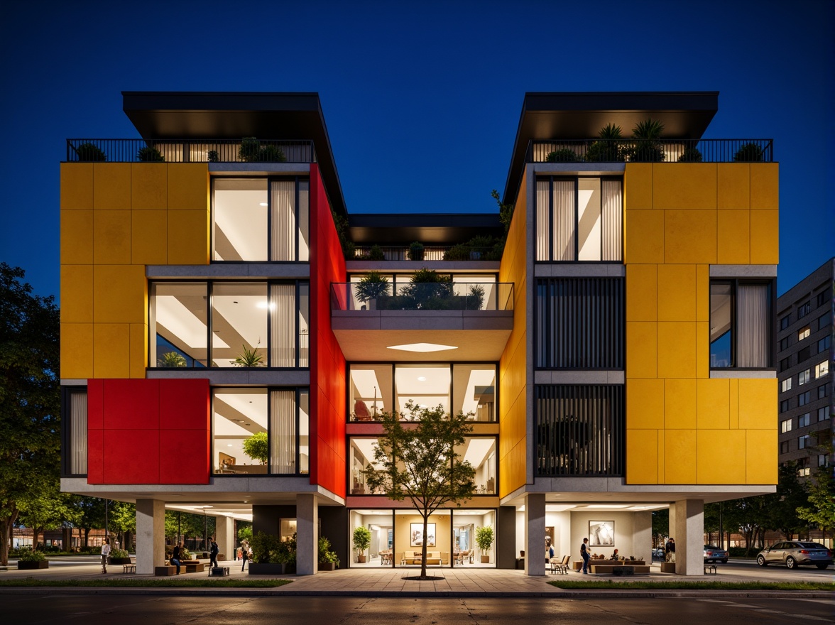 Prompt: Geometric opera house facade, bold primary colors, rectangular forms, industrial materials, steel beams, concrete walls, minimalist ornamentation, functionalist design ethos, asymmetrical composition, cantilevered balconies, large windows, transparent glass, metal grids, urban cityscape background, dramatic nighttime lighting, high contrast shadows, 1-point perspective, cinematic atmosphere, rich cultural heritage, avant-garde architecture.