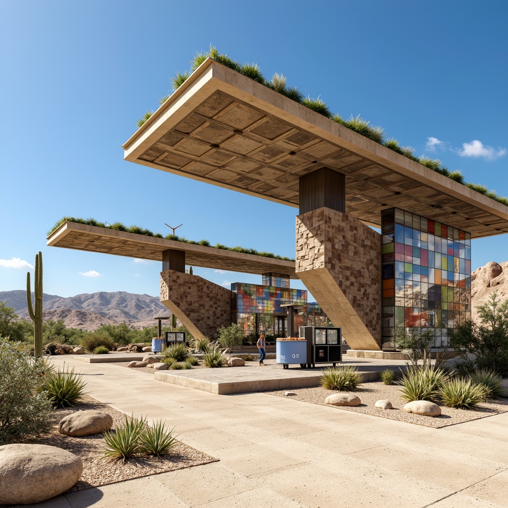 Prompt: Rustic gas station, natural stone walls, green roofs, solar panels, wind turbines, eco-friendly materials, modern angular architecture, sleek metal accents, minimalist design, desert landscape, cactus plants, sandy dunes, clear blue sky, vast open space, shaded outdoor spaces, misting systems, vibrant colorful signage, intricate geometric patterns, realistic textures, ambient occlusion, shallow depth of field, 3/4 composition, panoramic view.