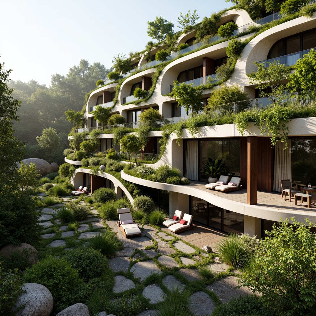 Prompt: Harmonious landscape integration, lush green roofs, verdant walls, natural stone facades, curved lines, organic forms, eco-friendly materials, sustainable design, seamless transitions, outdoor living spaces, scenic views, serene atmosphere, warm sunlight, soft shadows, shallow depth of field, 3/4 composition, panoramic view, realistic textures, ambient occlusion, modern architecture, minimalist style, simple color palette, natural ventilation systems.