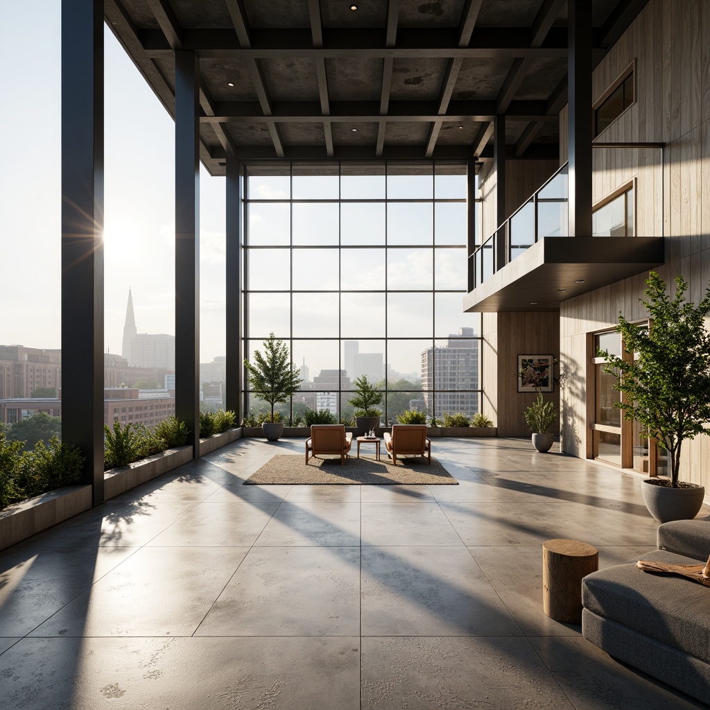 Prompt: Minimalist open space, sleek metal beams, polished concrete floors, floor-to-ceiling windows, natural light pouring in, airy atmosphere, modern furniture, greenery walls, living plants, urban landscape views, bustling city sounds, 1/1 composition, shallow depth of field, soft warm lighting, realistic textures, ambient occlusion.