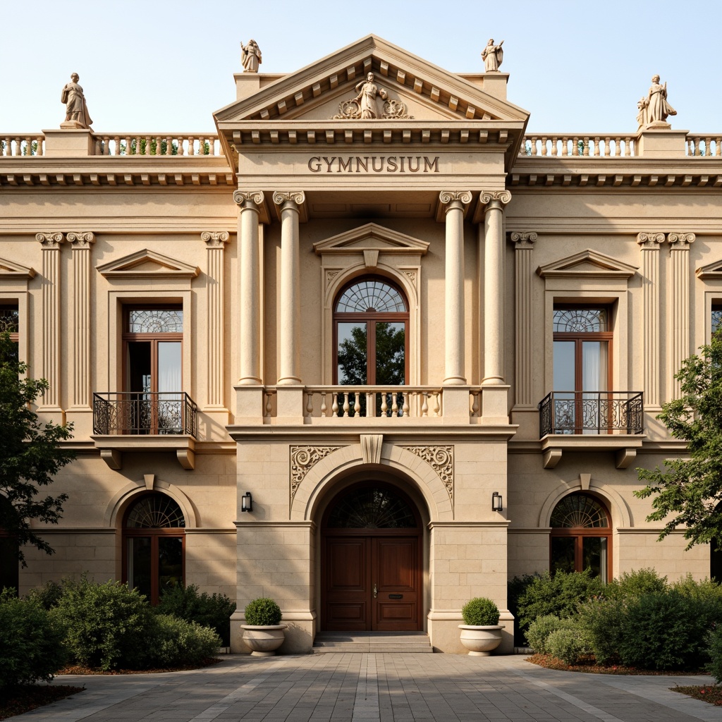 Prompt: Grand gymnasium facade, neoclassical architecture, symmetrical composition, ionic columns, ornate carvings, decorative moldings, rusticated stone walls, arched windows, balconies with wrought iron railings, grand entrance with pediment, classical statues, pilasters, egg-and-dart molding, dentil molding, modillions, subtle cornice, warm beige stonework, soft golden lighting, shallow depth of field, 2/3 composition, realistic textures, ambient occlusion.