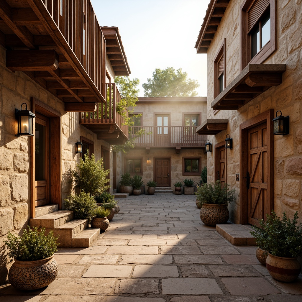 Prompt: Earthy regionalism style buildings, rough-hewn stone walls, distressed wooden accents, rusty metal details, ornate tile work, vibrant cultural patterns, colorful ceramics, natural stonework, rugged brick textures, worn wooden doors, heavy iron hardware, rustic lanterns, warm golden lighting, soft afternoon sun, atmospheric mist, shallow depth of field, 2/3 composition, cinematic view, realistic materials, ambient occlusion.