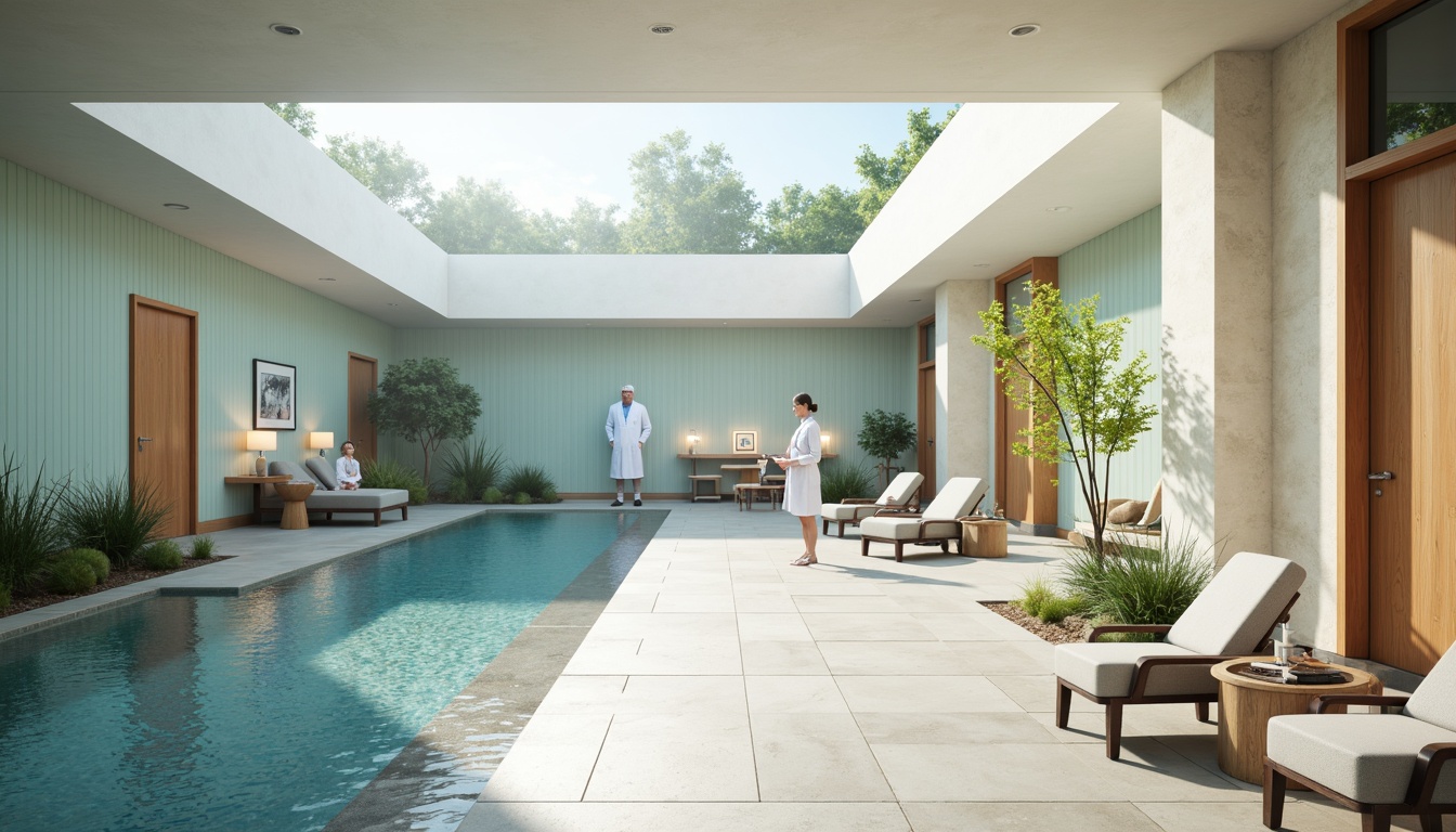 Prompt: Calming healthcare facility, soothing color palette, gentle blue tones, creamy whites, warm beige accents, natural wood textures, soft greenery, peaceful water features, serene ambiance, gentle lighting, shallow depth of field, 1/1 composition, realistic renderings, ambient occlusion, medical equipment, hospital rooms, doctor's offices, patient waiting areas, nurse stations.