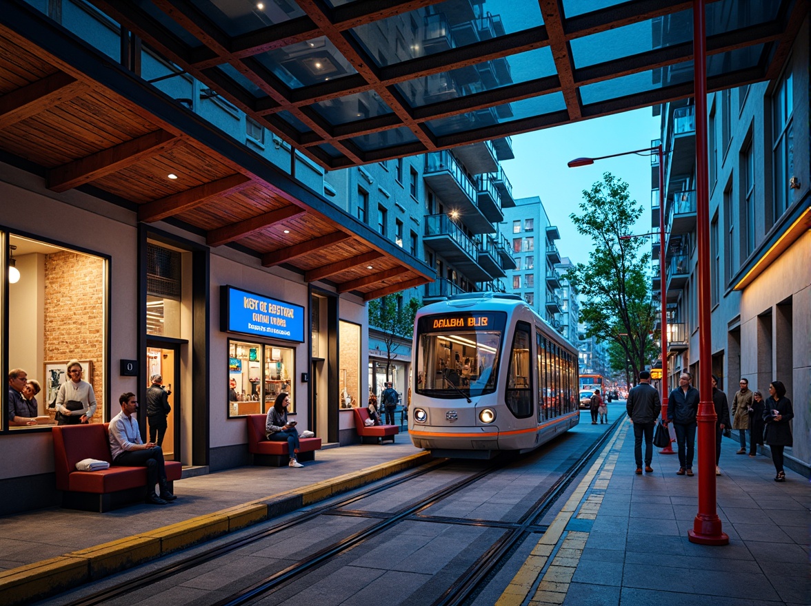 Prompt: Vibrant tram station, urban cityscape, bustling streets, modern architecture, industrial materials, steel beams, concrete walls, glass roofs, neon lights, bold color scheme, bright blues, warm oranges, deep yellows, rich reds, sleek signage, dynamic typography, futuristic ambiance, high-tech atmosphere, sleek trains, comfortable seating, panoramic windows, natural light, shallow depth of field, 1/1 composition, realistic textures, ambient occlusion.