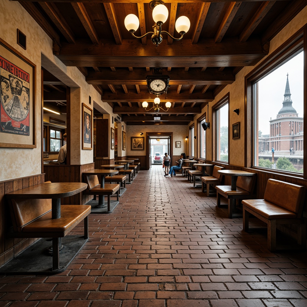 Prompt: Rustic train station, earthy tones, warm beige walls, vintage wooden benches, distressed metal accents, industrial lighting fixtures, faded signs, nostalgic advertisements, worn brick floors, classic clock towers, steam engine-inspired details, rich brown leather textures, copper accents, urban cityscape views, overcast skies, soft warm lighting, shallow depth of field, 1/1 composition, realistic materials, ambient occlusion.