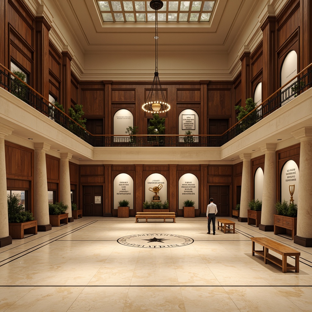 Prompt: Elegant gymnasium interior, cream-colored marble floors, rich walnut wood paneling, ornate gold accents, stately columns, grand archways, soft warm lighting, subtle shadows, neoclassical architectural details, vintage athletic equipment, nostalgic trophy displays, wooden benches, motivational quotes, natural stone walls, earthy tone color scheme, muted greenery, ambient occlusion, 1/1 composition, realistic textures.