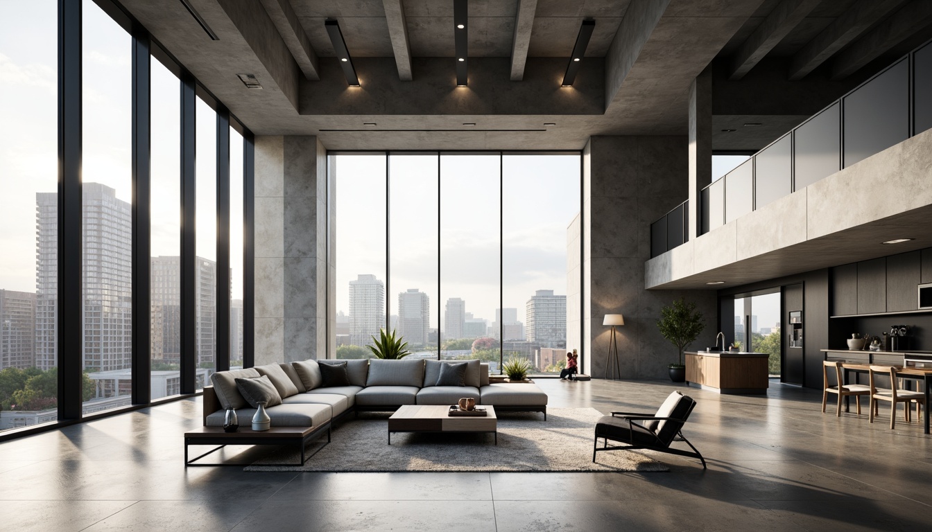 Prompt: Minimalist living room, sleek modern furniture, polished concrete floors, industrial-style lighting, floor-to-ceiling windows, natural ventilation systems, open-plan layout, functional spaces, optimized storage solutions, hidden kitchen appliances, monochromatic color scheme, bold geometric shapes, metallic accents, reflective surfaces, urban cityscape views, morning sunlight, soft diffused lighting, 1/1 composition, symmetrical framing, high-contrast textures, ambient occlusion.