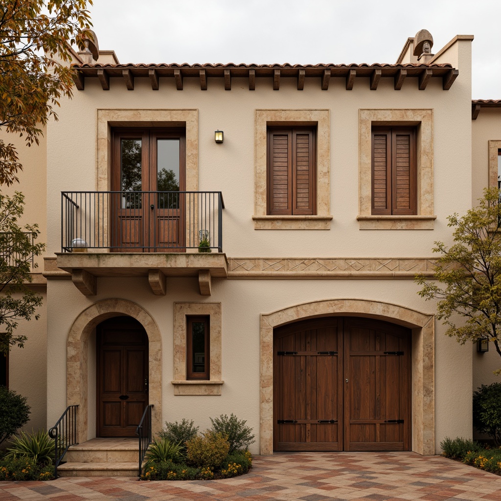 Prompt: Earth-toned facades, rustic stonework, curved arches, ornate tile patterns, wooden shutters, balconies with iron railings, clay roof tiles, Mediterranean-inspired architecture, warm beige colors, natural stone textures, intricate carvings, decorative cornices, soft warm lighting, 1/1 composition, shallow depth of field, realistic render.