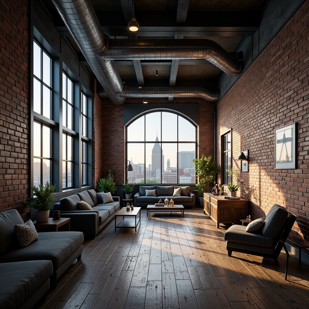 Prompt: Industrial-chic loft, exposed brick walls, metal beams, reclaimed wood floors, urban cityscape views, minimalist decor, monochromatic color scheme, deep blue tones, rich brown accents, neutral beige background, warm golden lighting, cozy atmosphere, shallow depth of field, 1/1 composition, soft focus, realistic textures, ambient occlusion.