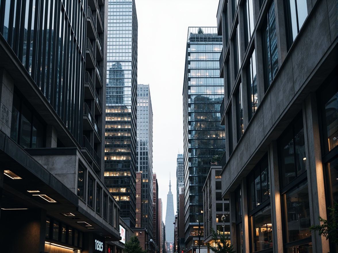 Prompt: Towering skyscrapers, sleek glass facades, vertical steel beams, cantilevered roofs, suspended walkways, aerial city views, modern urban landscapes, abstract geometric patterns, minimalist design, metallic materials, LED lighting systems, dramatic shadows, high-contrast textures, 1/1 composition, narrow depth of field, cinematic atmosphere.