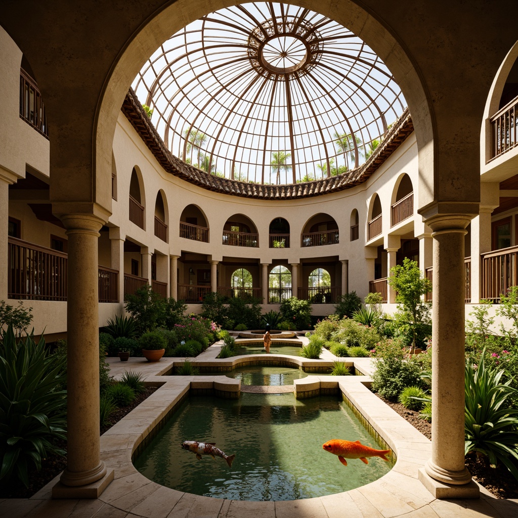 Prompt: Curved lines, natural stone walls, earthy tones, wooden accents, botanical gardens, lush greenery, tropical plants, water features, koi ponds, ornate metalwork, intricate patterns, Moorish arches, grand domed roofs, symmetrical composition, warm golden lighting, soft focus, shallow depth of field, 1/1 ratio, romantic ambiance.