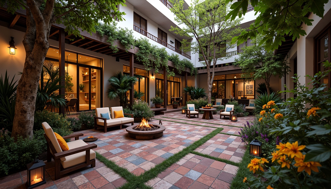 Prompt: Cozy hostel courtyard, lush greenery, vibrant flowers, rustic wooden benches, lantern-style lighting, warm fire pit, eclectic outdoor furniture, colorful textiles, Moroccan-inspired tiles, natural stone pathways, intimate seating areas, soft warm ambiance, shallow depth of field, 1/2 composition, panoramic view, realistic textures, ambient occlusion.