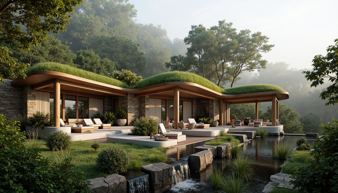 Prompt: Seamless home integration, lush green roofs, living walls, native plants, natural stone fa\u00e7ades, curved lines, organic architecture, earthy color palette, wooden accents, floor-to-ceiling windows, sliding glass doors, outdoor living spaces, infinity pools, waterfall features, surrounding forest, misty morning atmosphere, warm soft lighting, shallow depth of field, 1/1 composition, realistic textures, ambient occlusion.