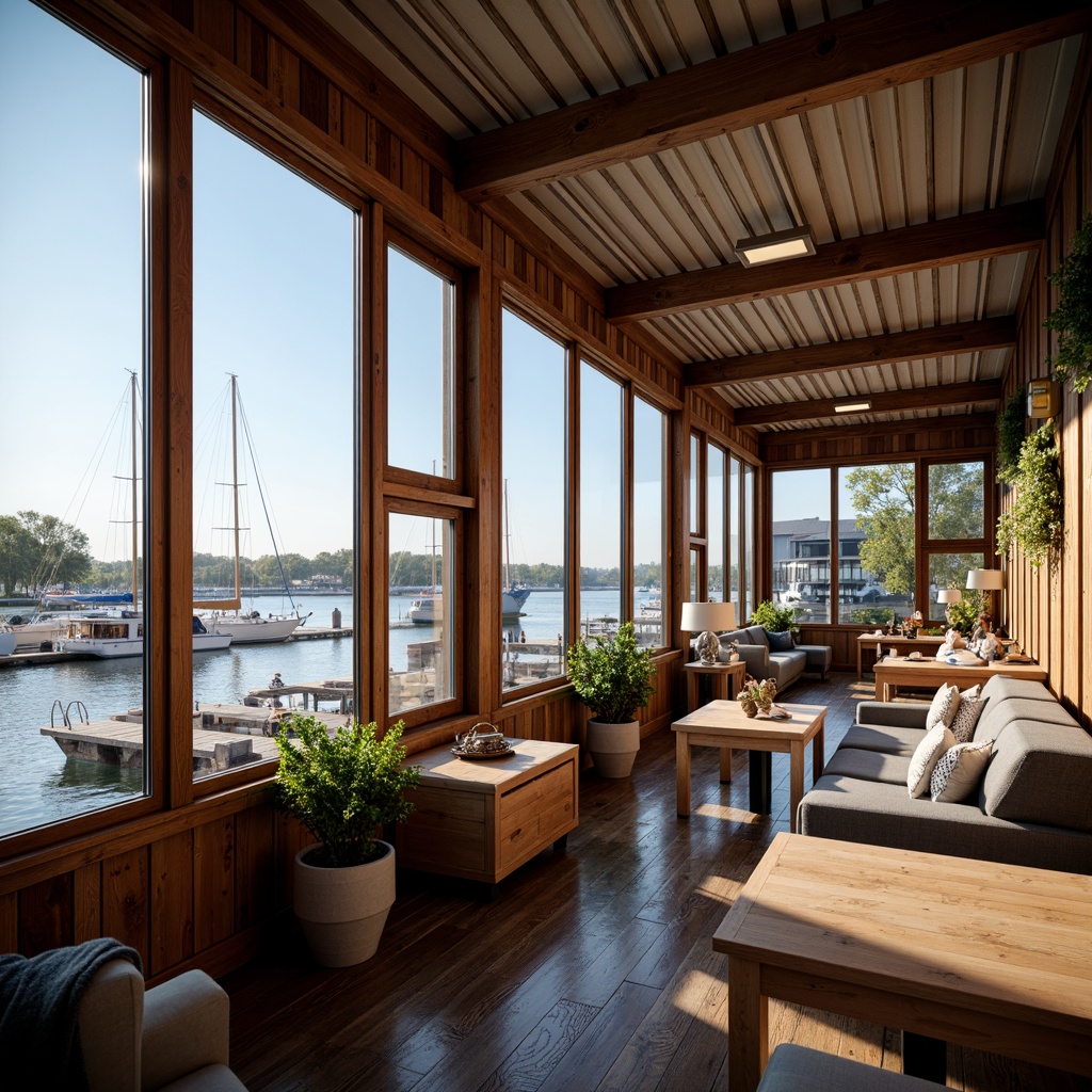 Prompt: Waterfront boathouse, large windows, panoramic views, natural light, wooden docks, sailboats, yachts, nautical decorations, rustic wood accents, corrugated metal roofs, weathered wooden siding, cozy interior spaces, plush furnishings, soft warm lighting, shallow depth of field, 3/4 composition, realistic textures, ambient occlusion.