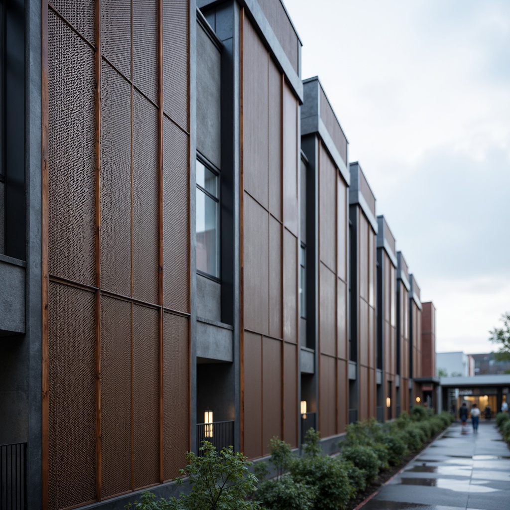 Prompt: Industrial building facade, perforated metal sheets, rust-resistant coating, ventilated exterior walls, modern architectural design, sleek urban landscape, overcast sky, soft diffused lighting, shallow depth of field, 2/3 composition, realistic reflections, ambient occlusion.