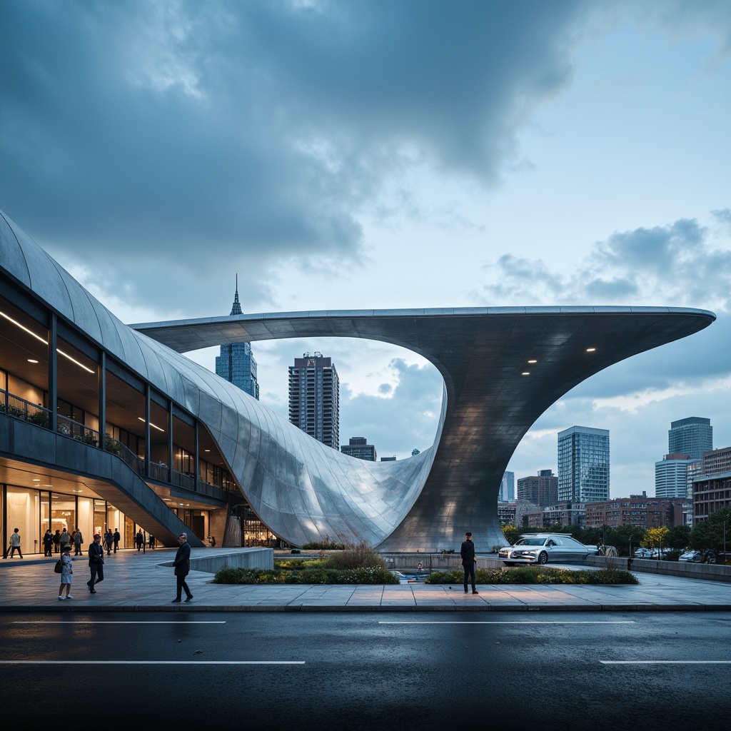 Prompt: Streamlined modern architecture, curved rooflines, sleek metallic materials, minimalist design, aerodynamic shapes, futuristic vibe, urban cityscape, cloudy blue sky, dramatic lighting effects, low-angle shot, 1/2 composition, high-contrast tone mapping, detailed texture rendering.