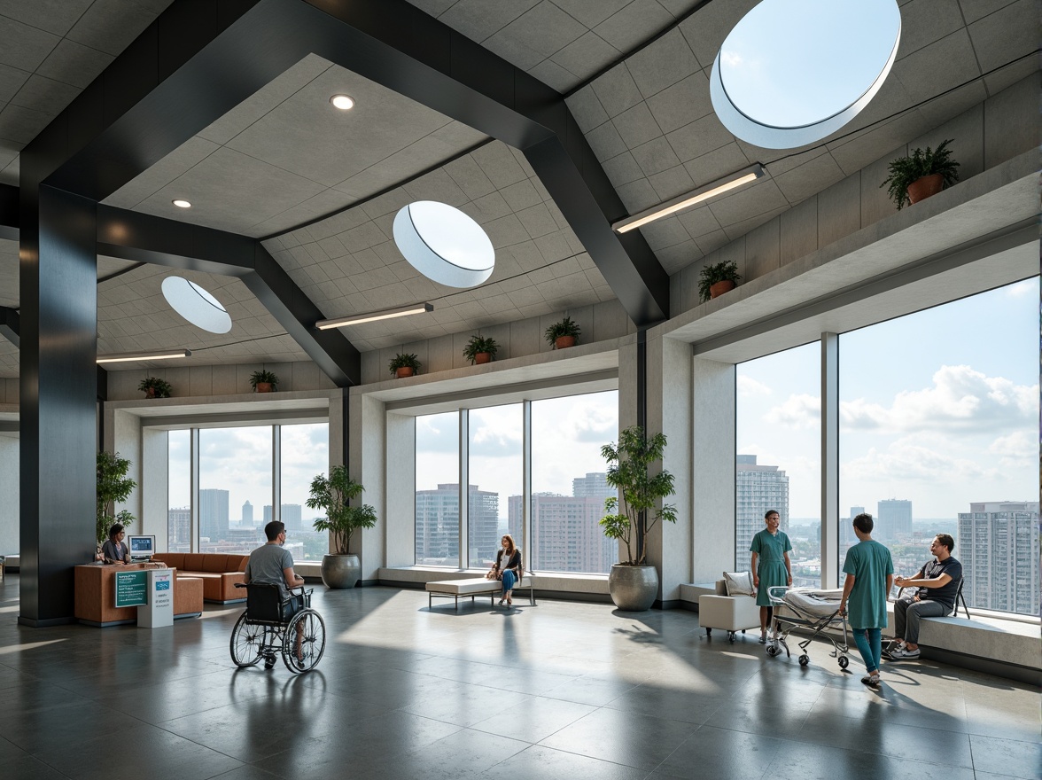 Prompt: Modern hospital interior, constructivist architecture, geometric shapes, industrial materials, exposed ductwork, metal beams, concrete floors, minimalist decor, functional furniture, curved lines, angular forms, natural light, skylights, urban views, cityscape backdrop, sterile atmosphere, medical equipment, hospital beds, wheelchairs, nurse stations, reception desks, wayfinding signs, calm color palette, soft lighting, shallow depth of field, 1/1 composition, realistic textures, ambient occlusion.