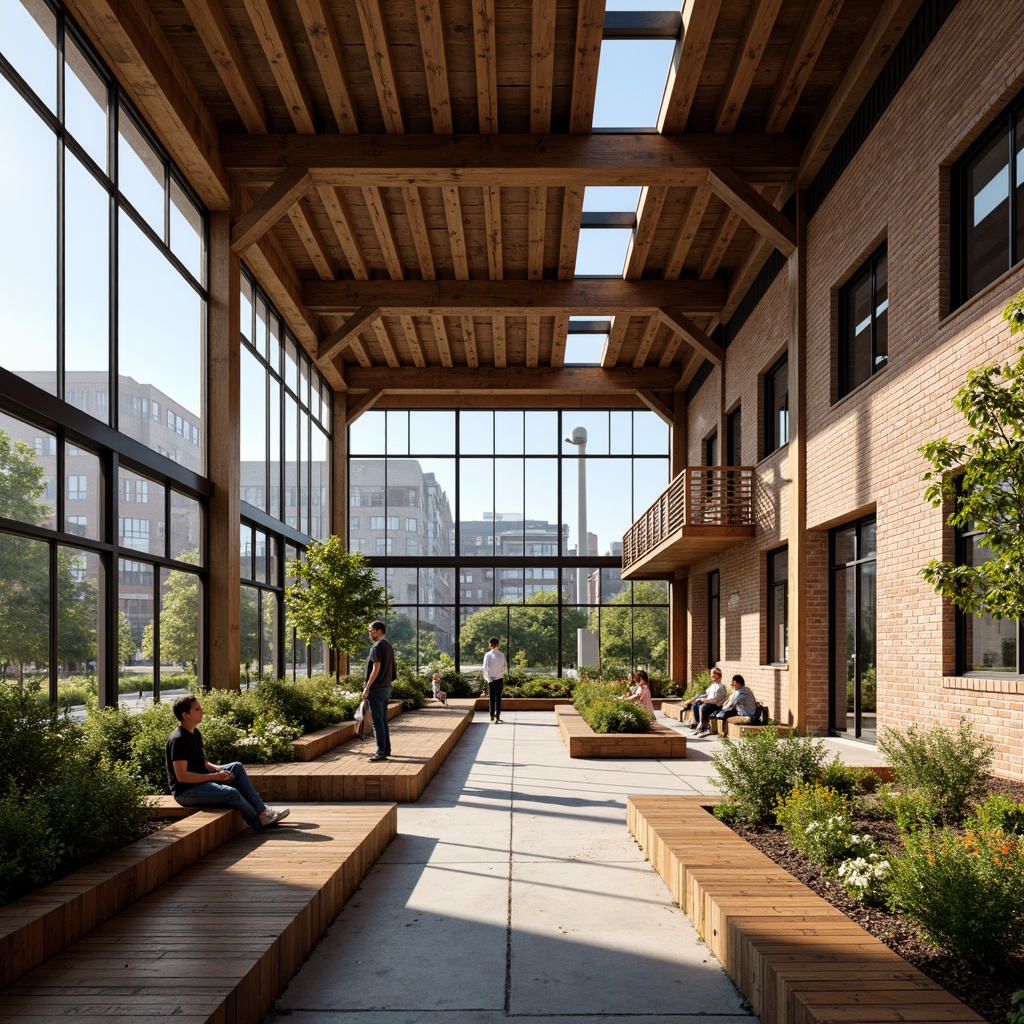 Prompt: Rustic community center, exposed brick walls, large windows, metal beams, minimalist decor, natural ventilation, solar panels, green roofs, rainwater harvesting systems, eco-friendly materials, recycled wood accents, bamboo flooring, living walls, urban garden, vibrant street art, sunny day, soft warm lighting, shallow depth of field, 3/4 composition, panoramic view, realistic textures, ambient occlusion.