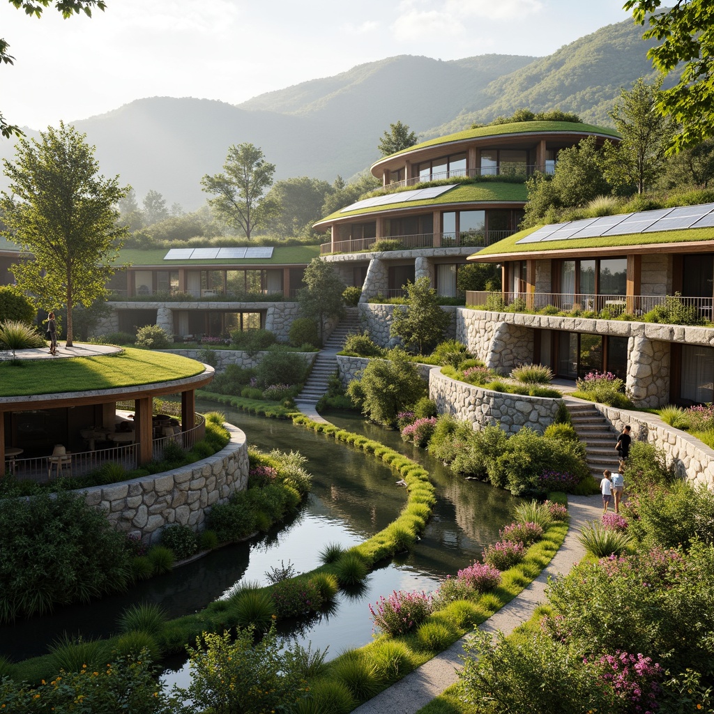 Prompt: Harmonious eco-friendly buildings, green roofs, solar panels, natural stone walls, curved lines, organic shapes, blending with surroundings, lush vegetation, vibrant flowers, serene water features, walking trails, scenic lookout points, panoramic views, soft warm lighting, 3/4 composition, shallow depth of field, realistic textures, ambient occlusion.