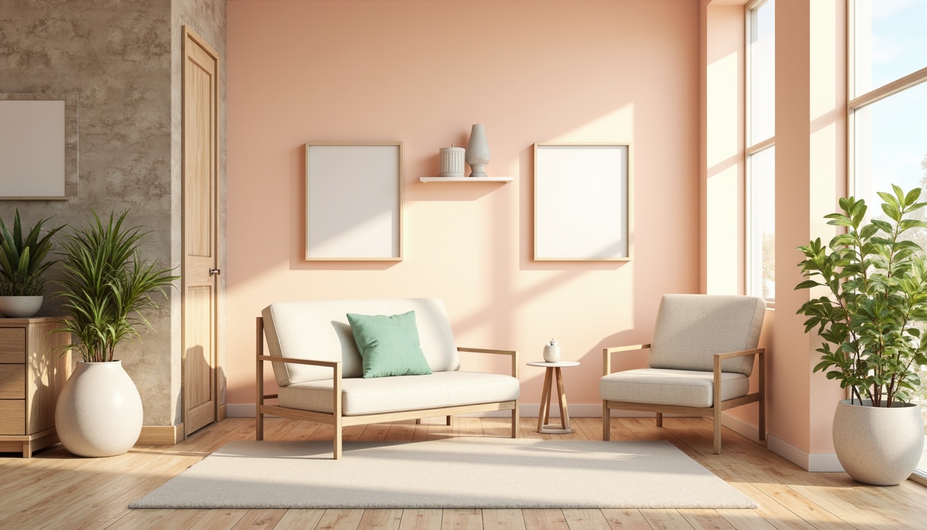 Prompt: Pastel hues, soft peach tones, calming mint greens, creamy whites, warm beige accents, rich wood textures, natural stone patterns, subtle gradient effects, gentle ombre transitions, soothing color harmony, 2.5D layering, atmospheric perspective, warm golden lighting, shallow depth of field, 1/1 composition, realistic material reflections, ambient occlusion.