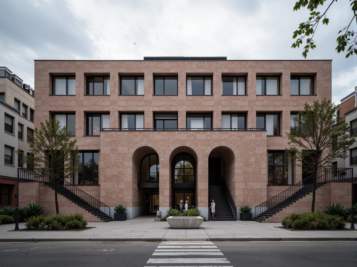 Prompt: Monumental courthouse building, symmetrical facade, geometric brick patterns, ornate metal doorways, grand entrance staircases, dramatic arches, minimalist window frames, industrial materials, urban landscape, cloudy grey sky, diffused natural light, high-contrast shadows, 1/2 composition, atmospheric perspective, realistic textures, subtle ambient occlusion.