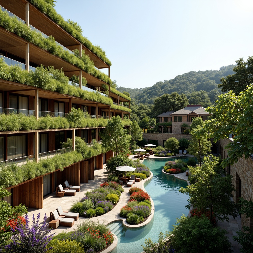 Prompt: Luxuriant resort, lush green roofs, organic curved lines, natural stone walls, reclaimed wood accents, living walls, verdant terraces, tranquil water features, meandering walkways, native plant species, vibrant colorful blooms, warm sunny day, soft diffused lighting, shallow depth of field, 3/4 composition, panoramic view, realistic textures, ambient occlusion, sustainable materials, eco-friendly furniture, innovative ventilation systems, shaded outdoor spaces, misting systems, natural fabric upholstery, earthy color palette.