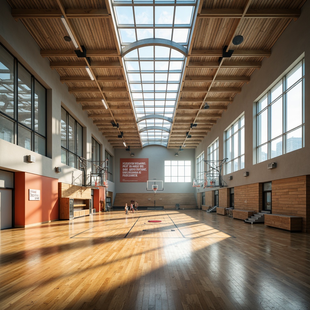 Prompt: Spacious gymnasium interior, natural light pouring in, high ceilings, exposed beams, large windows, clerestory windows, translucent roofs, bright airy atmosphere, athletic equipment, basketball hoops, sports flooring, wooden bleachers, modern architecture, minimalist design, functional spaces, motivational quotes, inspirational posters, vibrant color schemes, soft warm lighting, shallow depth of field, 3/4 composition, panoramic view, realistic textures, ambient occlusion.