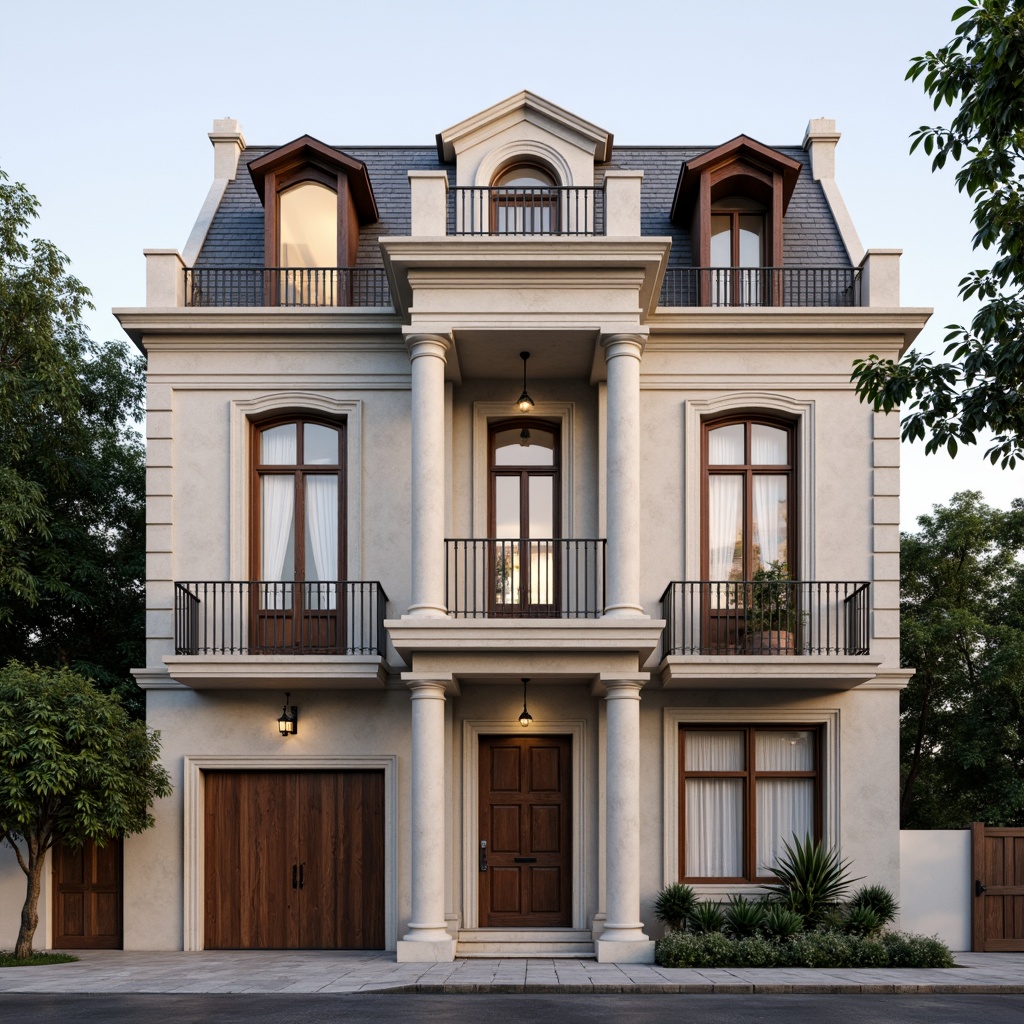 Prompt: Elegant residential facade, classical ornate details, symmetrical composition, neutral color palette, limestone walls, marble columns, ornate balconies, decorative railings, subtle cornice, pitched roofs, dormer windows, shutters, Juliet balconies, soft warm lighting, shallow depth of field, 1/1 composition, realistic textures, ambient occlusion.