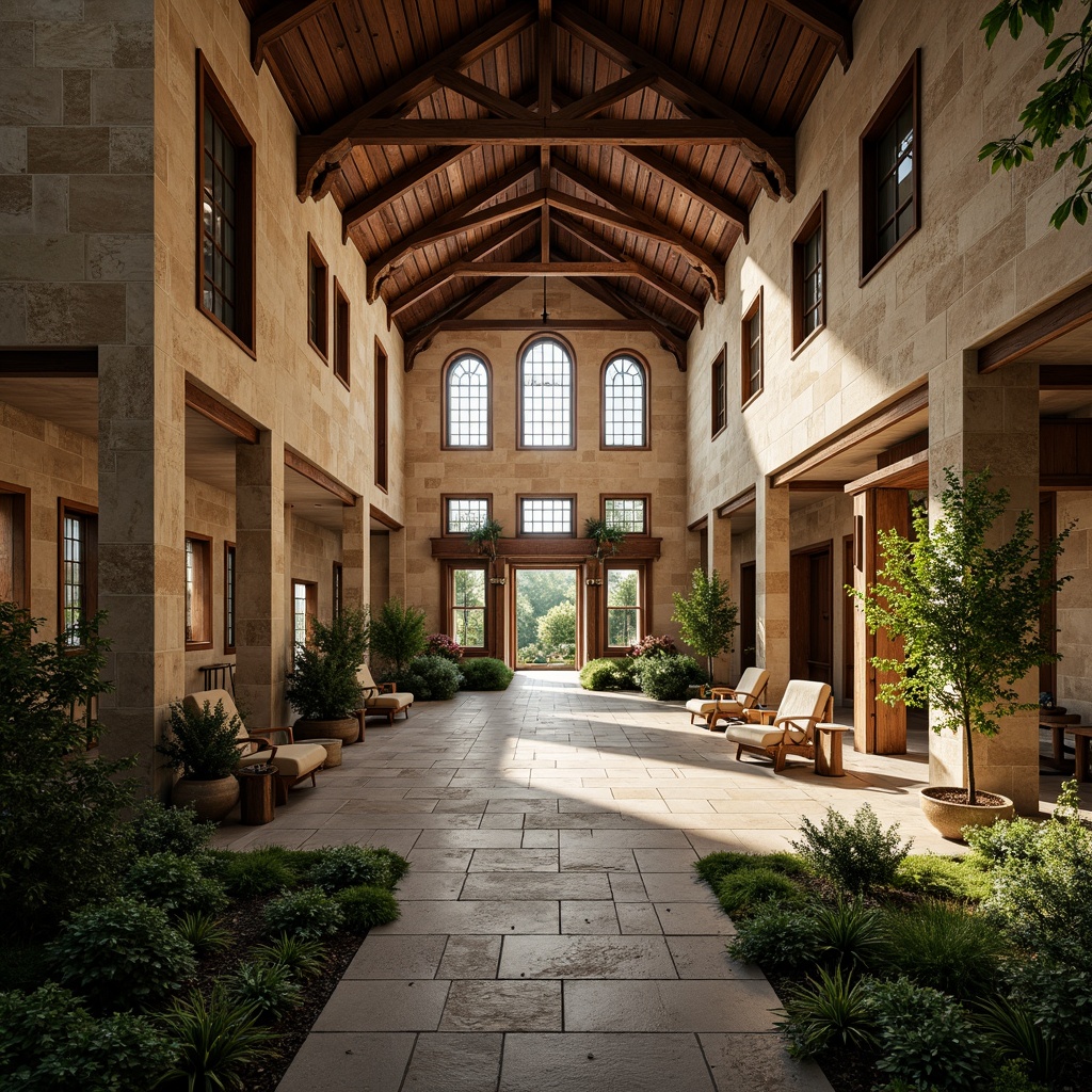 Prompt: Ancient monastery, rustic stone walls, wooden accents, vaulted ceilings, grand arches, stained glass windows, intricate carvings, serene courtyard, lush greenery, natural stone pathways, modular architecture, geometric patterns, repetitive structures, harmonious proportions, soft warm lighting, shallow depth of field, 1/1 composition, atmospheric perspective, realistic textures, ambient occlusion.