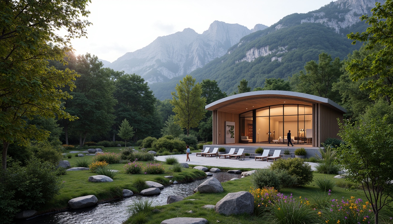 Prompt: Serene mountainous backdrop, lush green forests, meandering streams, natural stone formations, curved auditorium architecture, sleek modern design, large glass facades, cantilevered rooflines, open-air amphitheaters, vibrant floral arrangements, soft warm lighting, shallow depth of field, 3/4 composition, panoramic view, realistic textures, ambient occlusion.