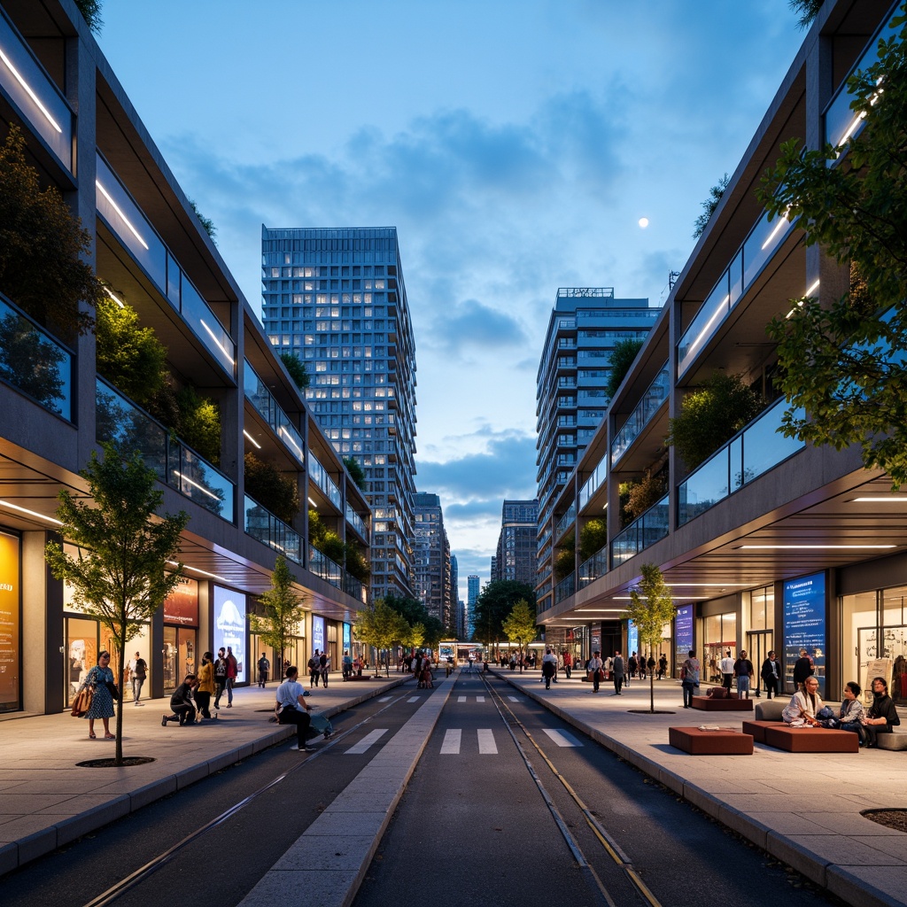 Prompt: Modern tram station, sleek metal framework, glass roofs, minimalist design, urban landscape, busy street scene, natural stone flooring, stainless steel handrails, LED lighting systems, comfortable seating areas, real-time information displays, eco-friendly materials, sustainable energy solutions, green roofs, shaded outdoor spaces, misting systems, futuristic architecture, vibrant city lights, evening atmosphere, shallow depth of field, 1/1 composition, panoramic view.