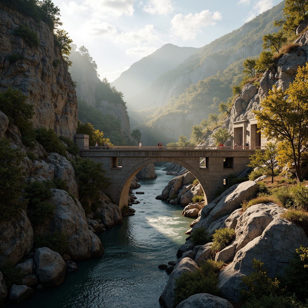 Prompt: Rustic mountainous terrain, rugged stone walls, sturdy concrete foundations, steel reinforcement, arched bridges, winding rivers, serene natural surroundings, misty morning atmosphere, warm golden lighting, shallow depth of field, 1/2 composition, realistic textures, ambient occlusion.