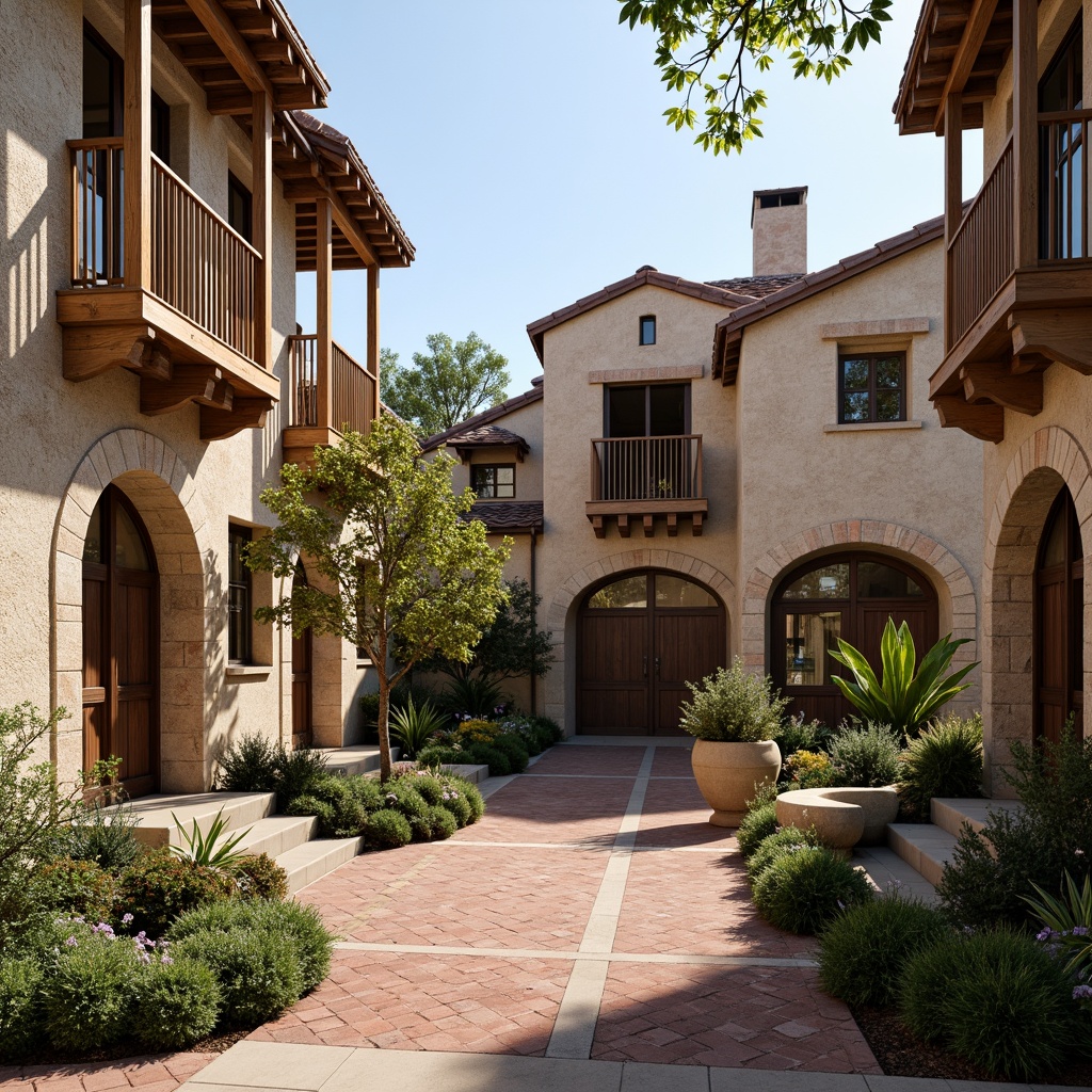 Prompt: Earthy tones, rustic textures, natural stone facades, wooden accents, pitched roofs, asymmetrical compositions, regionalist architecture, Mediterranean-inspired arches, ornate detailing, wrought iron balconies, earthy red tiles, lush greenery, warm sunny day, soft warm lighting, shallow depth of field, 3/4 composition, panoramic view, realistic textures, ambient occlusion.