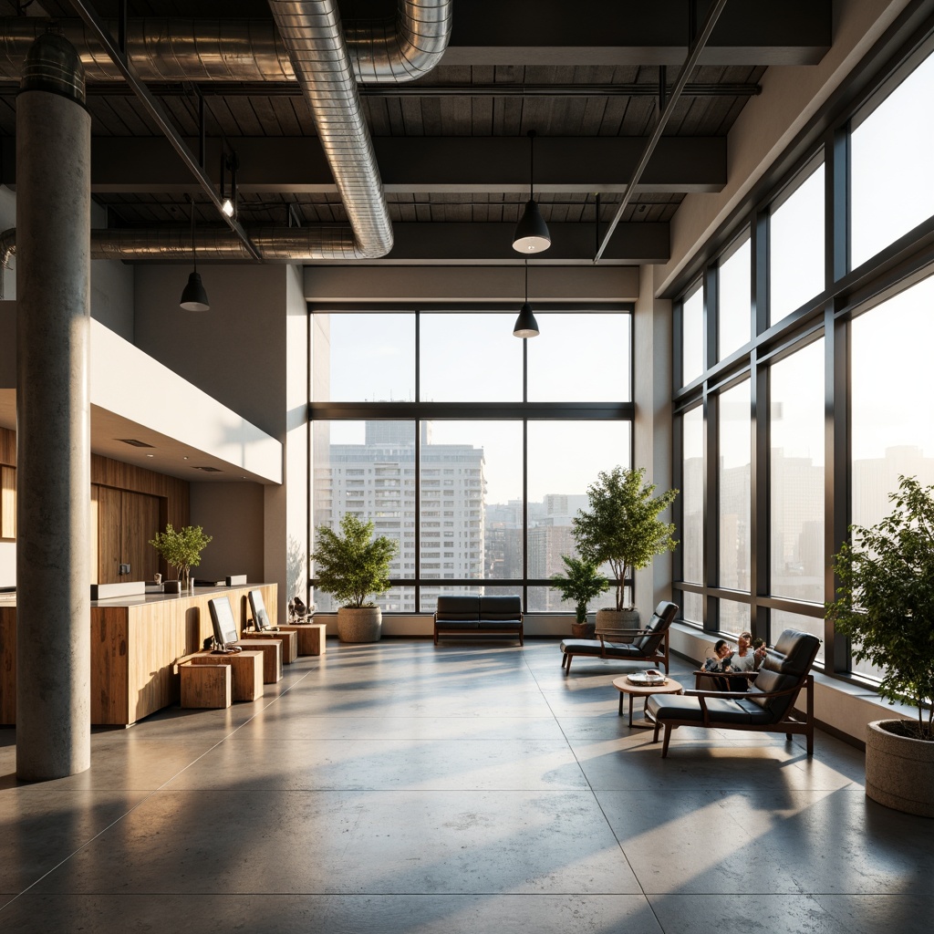 Prompt: Minimalist clinic, industrial chic aesthetic, exposed ductwork, polished concrete floors, steel beams, large windows, clerestory lighting, natural ventilation, open waiting area, wooden accents, subtle color palette, soft warm illumination, shallow depth of field, 1/1 composition, realistic textures, ambient occlusion, urban cityscape background, morning sunlight, gentle shadows.