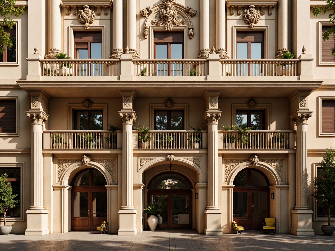 Prompt: Ornate Renaissance-style facade, grandiose columns, intricately carved stone details, ornamental balconies, symmetrical composition, rusticated quoins, arched windows, decorative cornices, classical pilasters, limestone walls, earthy color palette, warm golden lighting, shallow depth of field, 1/2 composition, realistic textures, ambient occlusion.