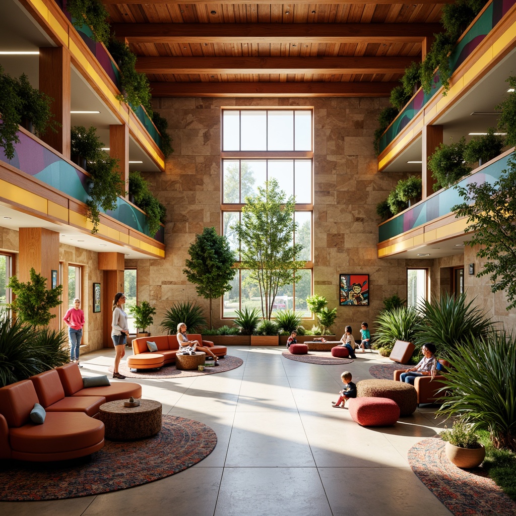 Prompt: Vibrant community center, warm earthy tones, rich wood accents, natural stone walls, inviting entrance, spacious atrium, abundant greenery, playful murals, colorful furniture, eclectic textiles, dynamic lighting, modern architectural lines, sustainable building materials, energy-efficient systems, ample natural light, 1/2 composition, soft focus, warm color grading, realistic render.