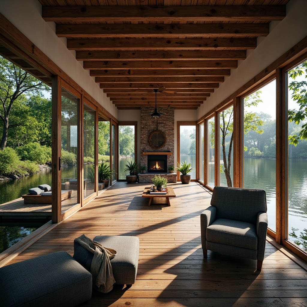 Prompt: Rustic boathouse, wooden dock, serene lake waters, surrounding lush greenery, tranquil atmosphere, large windows, sliding glass doors, natural light influx, airy interior, nautical decor, distressed wood accents, cozy fireplace, plush furnishings, soft warm lighting, shallow depth of field, 3/4 composition, panoramic view, realistic textures, ambient occlusion.