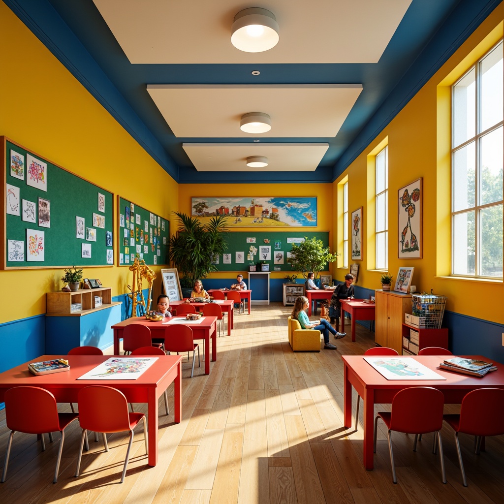 Prompt: Vibrant elementary school, bold yellow walls, bright blue accents, playful red furniture, green chalkboards, creative art displays, eclectic mix of patterns, textures, and shapes, wooden floors, natural light pouring in, soft warm glow, shallow depth of field, 1/2 composition, intimate atmosphere, whimsical illustrations, expressive brushstrokes, abstract geometric forms, emotional color bursts, dynamic visual energy.